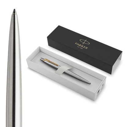 Parker Jotter Fountain Pen, Stainless Steel with Gold Trim, Medium Nib, Blue Ink & Gift Box