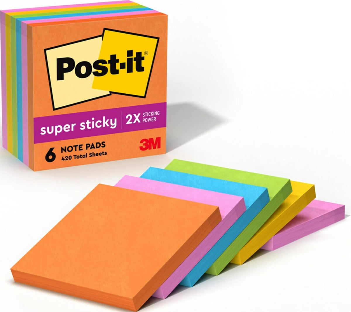 Post-it Super Sticky Notes, 3 x 3 in, Neon Fizz, 6 Pads, 70 Sheets/Pad