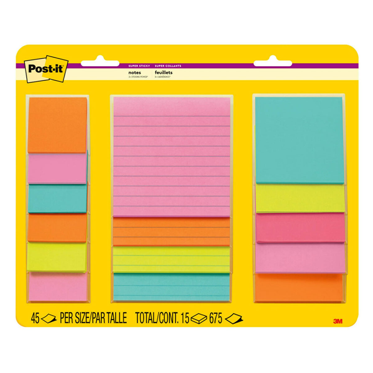 Post-it Super Sticky Notes, Multi-Size, Supernova Neons, 15 Lined Pads