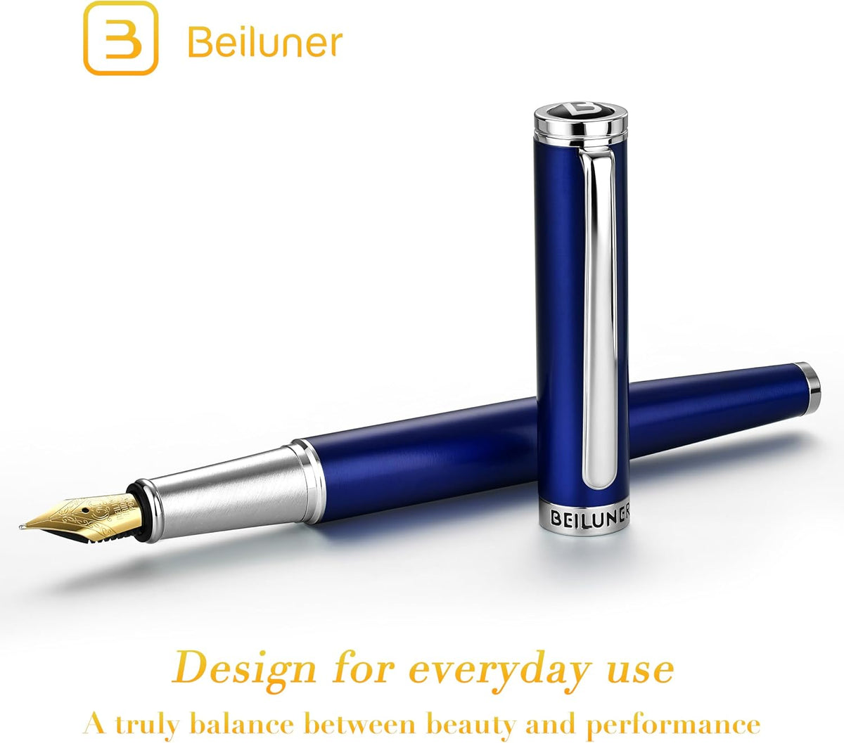 BEILUNER Luxury Fountain Pen Set,Solid 24K Gilded(Medium)-Charming Blue
