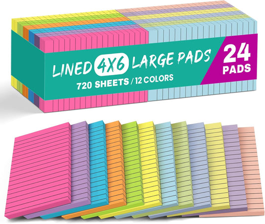 Taja Lined Sticky Notes, 4 x 6 Inches, 24 Pads, 30 Sheets/Pad, Bright