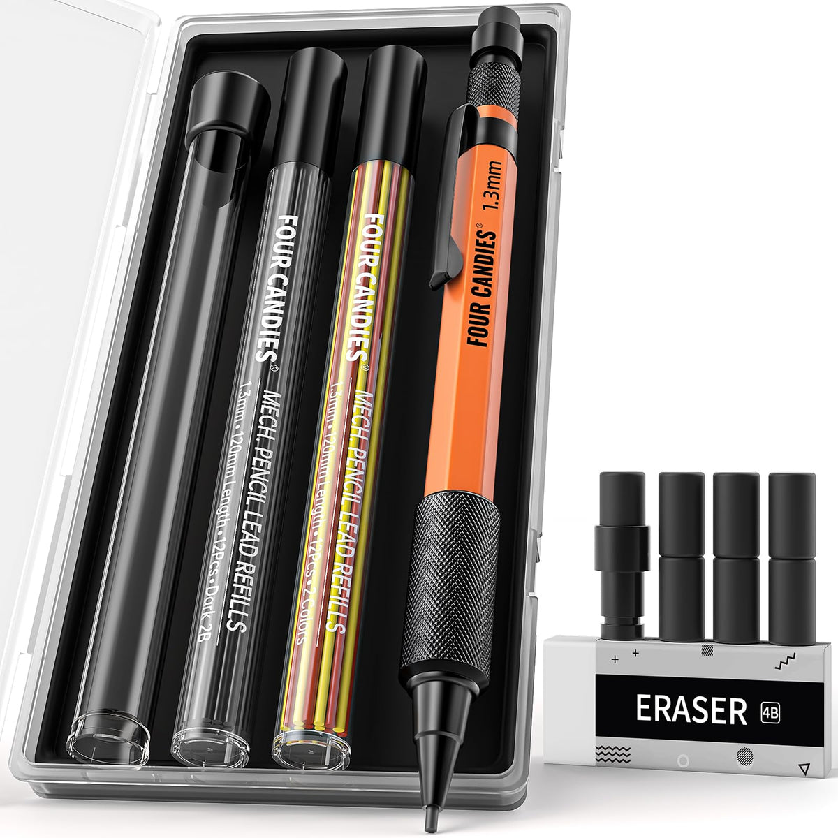 Four Candies 1.3mm Metal Mechanical Pencil Set with 72 Lead Refills, 3-Pack