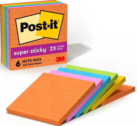 Post-it Super Sticky Notes, 4 x 4 in, Neon Fizz, 6 Lined Pads