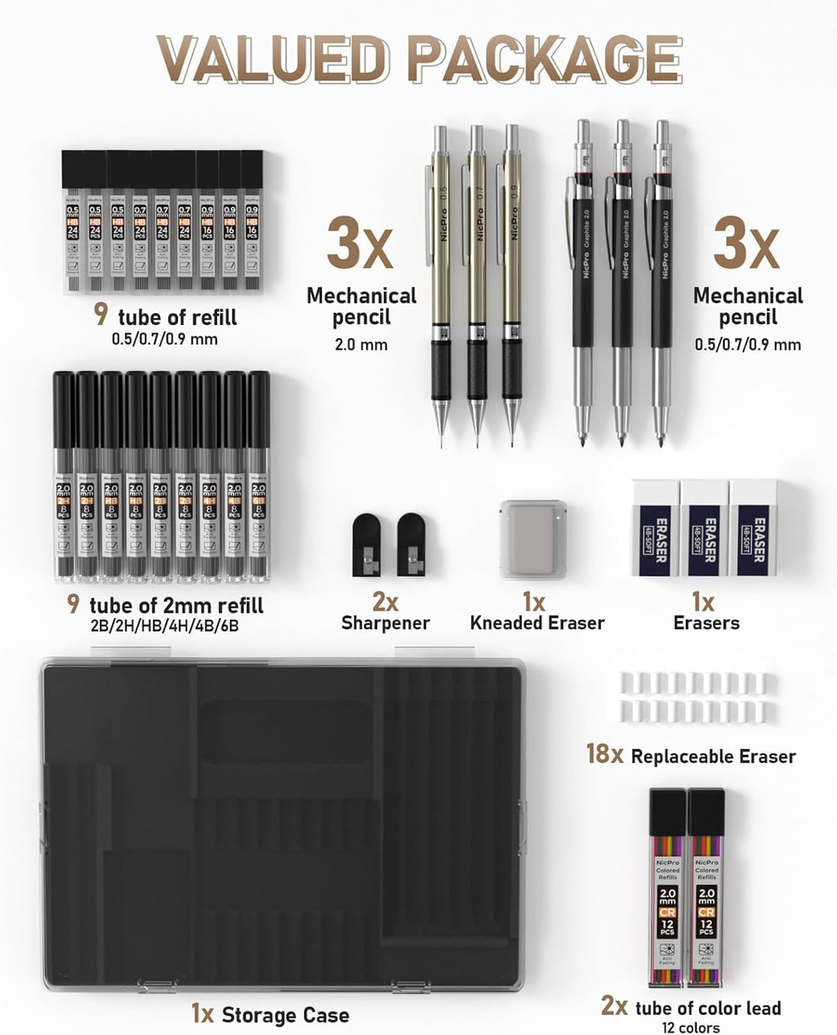 Nicpro Mechanical Pencil Set, 35PCS Art Mechanical Pencils 0.5/0.7/0.9/2mm