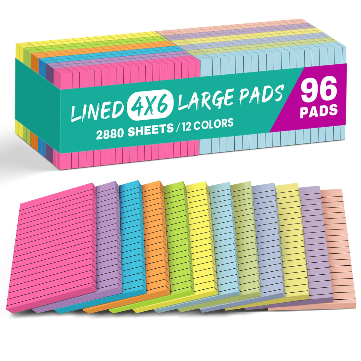 Taja Lined Sticky Notes, 4 x 6 Inches, 24 Pads, 30 Sheets/Pad, Bright