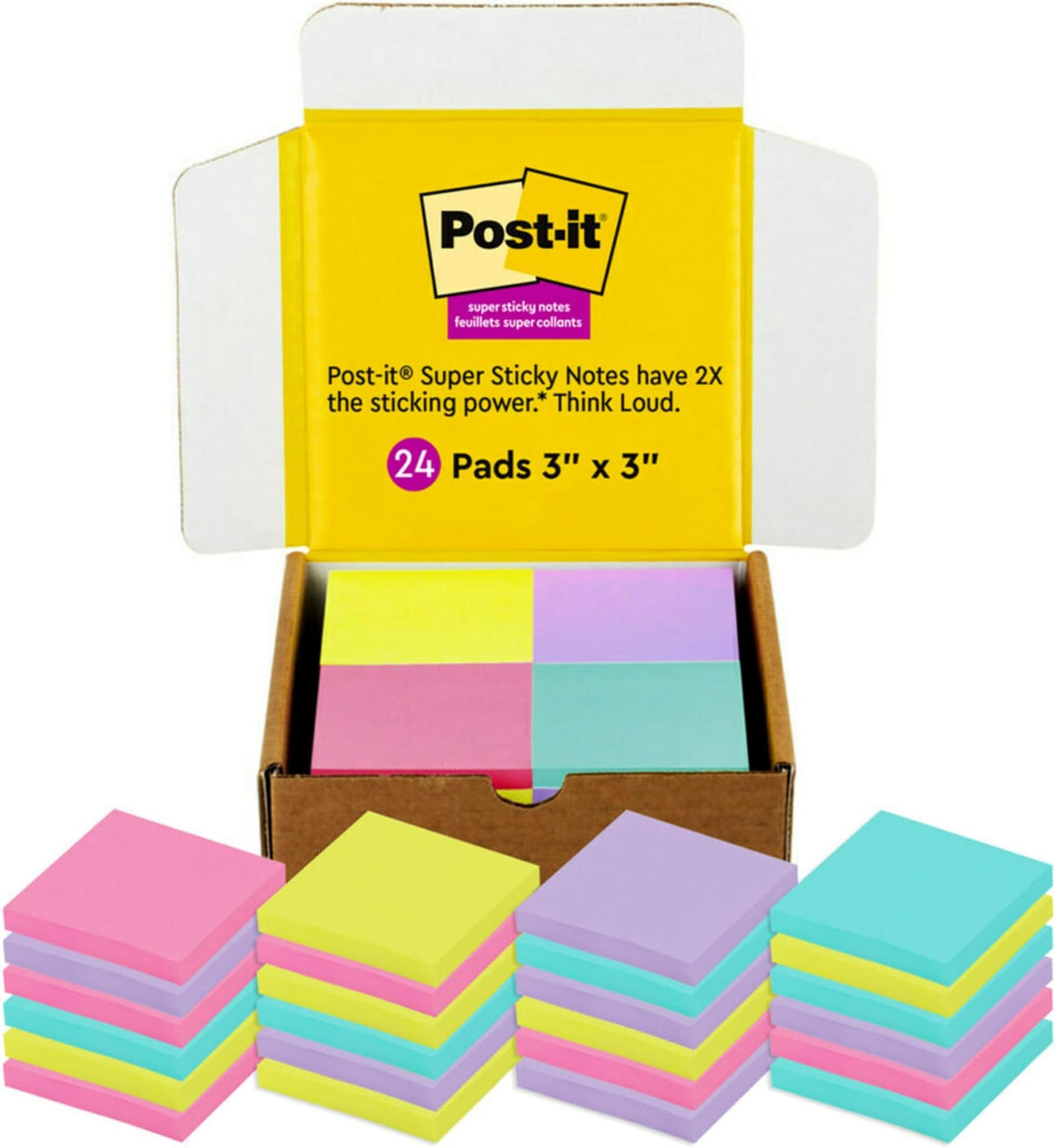 Post-it Super Sticky Notes, 3 x 3 in, Assorted Brights, 24 Pads