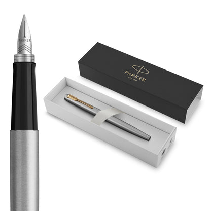 Parker Jotter Fountain Pen, Stainless Steel with Gold Trim, Medium Nib, Blue Ink & Gift Box