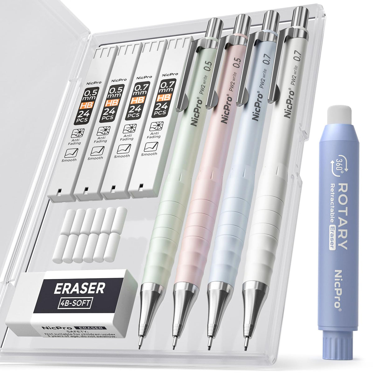 Nicpro Cute Mechanical Pencil Set, 4PCS 0.7mm Pastel Drafting Pencils