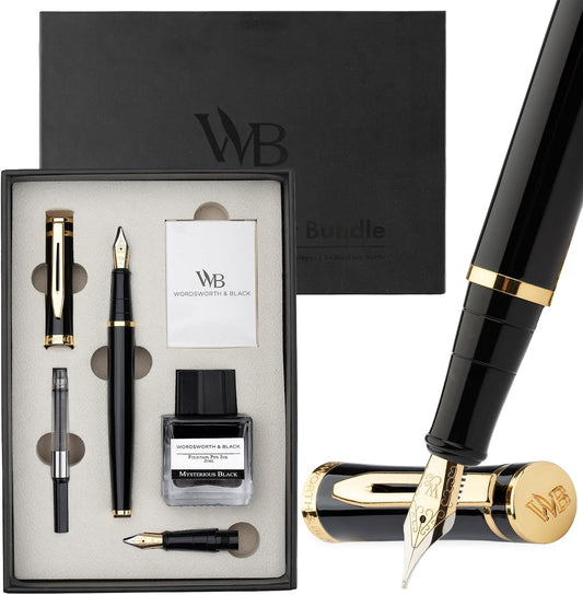 Wordsworth & Black Fountain Pen Gift Set, Medium & Extra Fine Nib, Black