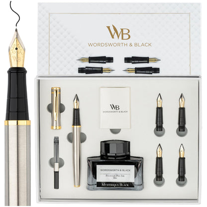 Wordsworth & Black Luxury Fountain Pen Set for Writing, 6 Nibs,Black Chrome