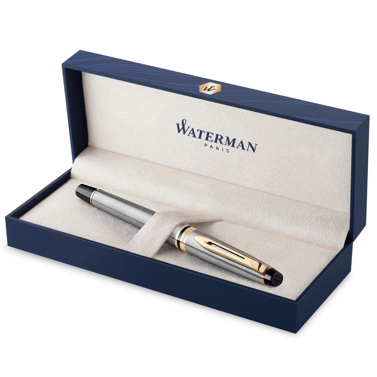 Waterman Expert Fountain Pen, Stainless Steel With 23k Gold Trim, Medium Nib With Blue Ink Cartridge, Gift Box