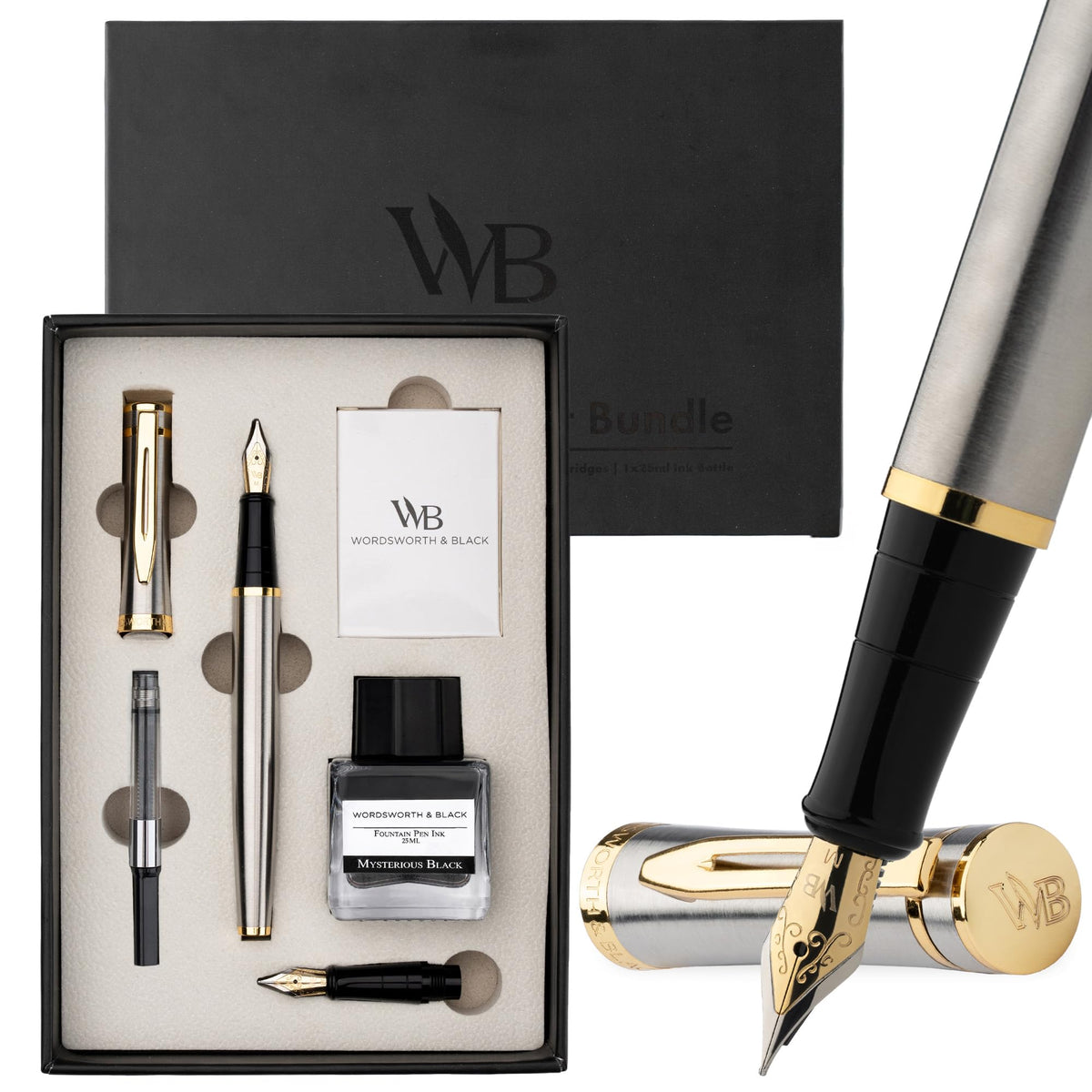 Wordsworth & Black Fountain Pen Gift Set, Medium & Extra Fine Nib, Black