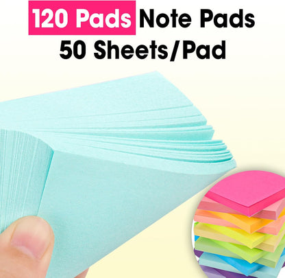 120 Pads Sticky Notes 3x3, Self-Stick Pads Bulk Bright Colors, School Supplies, Office Products, 50 Sheet/Pad