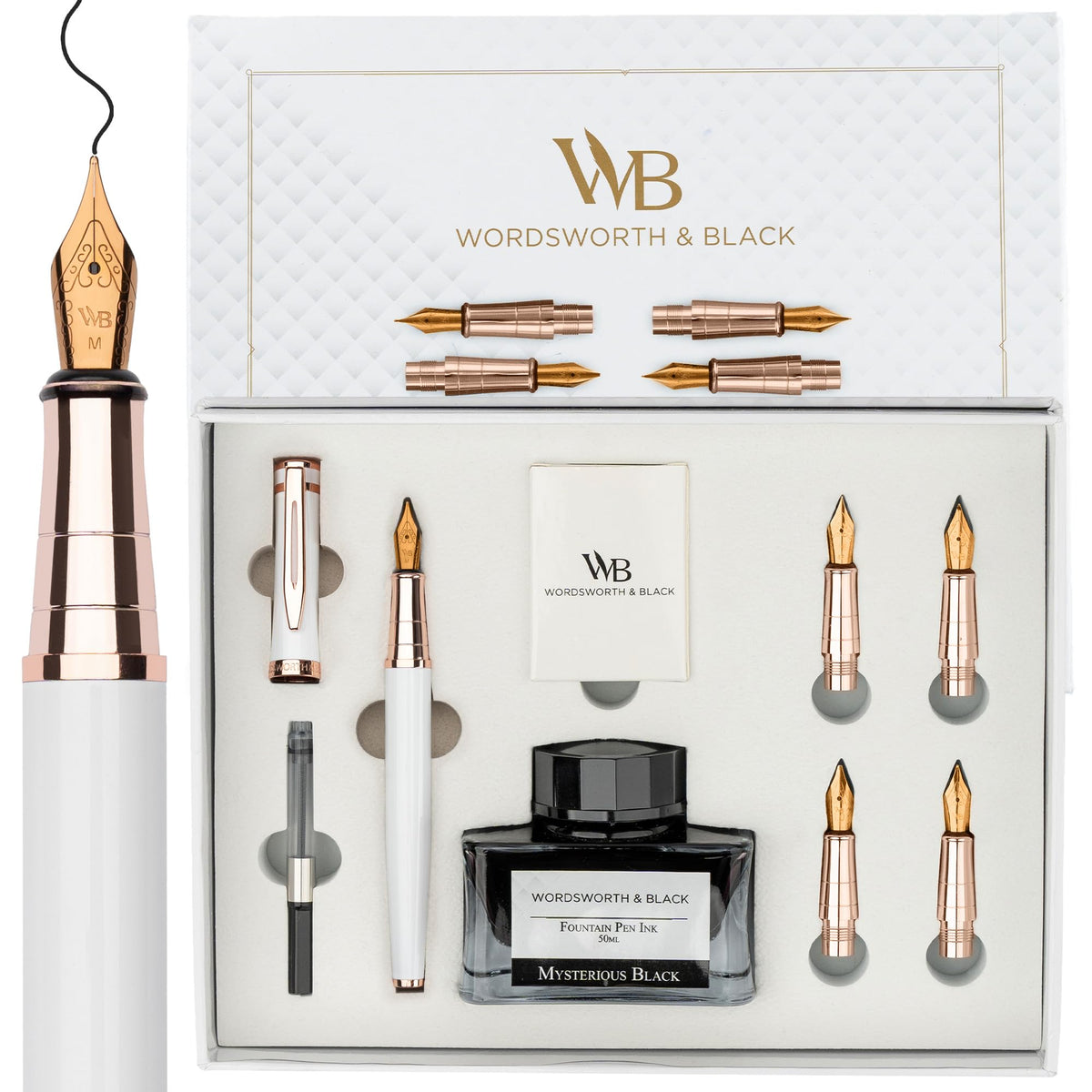 Wordsworth & Black Luxury Fountain Pen Set for Writing, 6 Nibs,Black Chrome