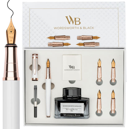 Wordsworth & Black Luxury Fountain Pen Set for Writing, 6 Nibs,Black Chrome