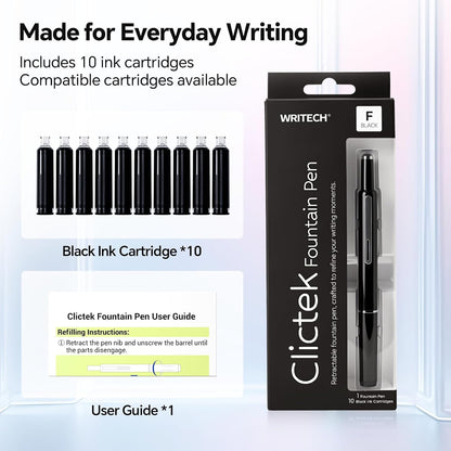 WRITECH Clictek Retractable Fountain Pen: Fine Point Black Ink Cartridges