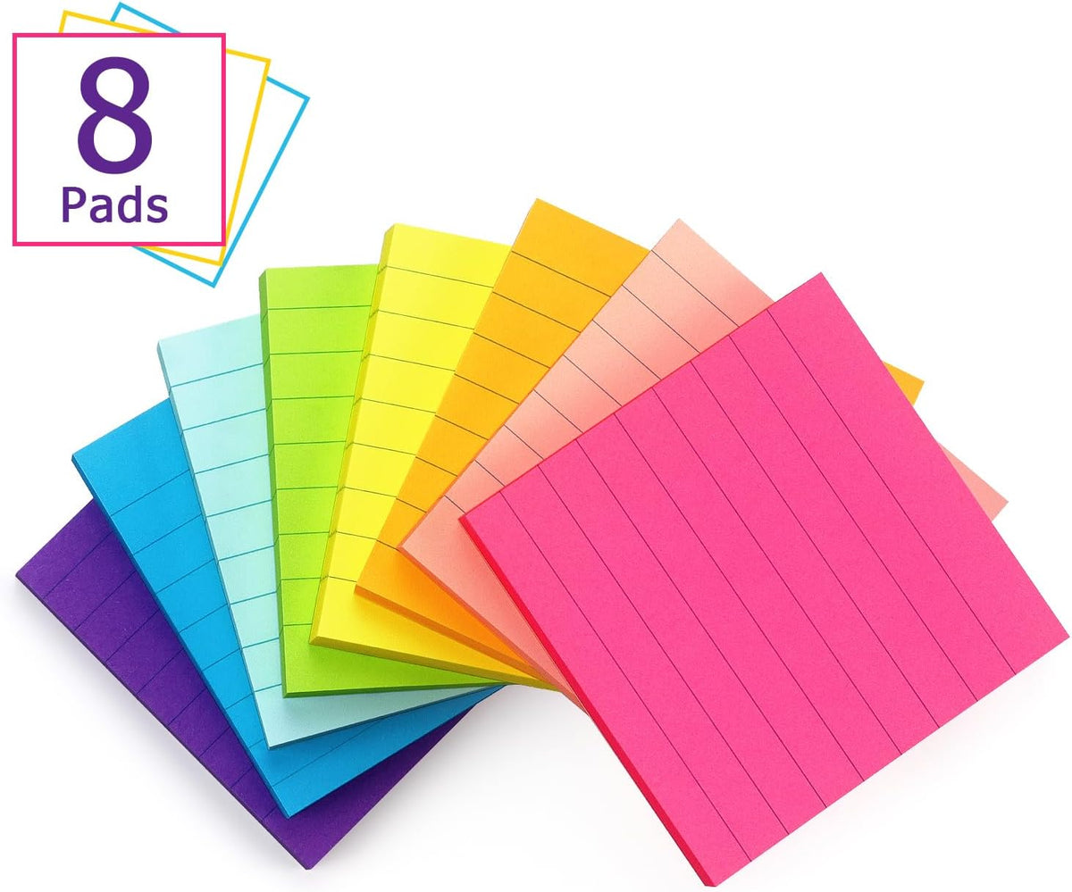 Eastern Wolf Lined Sticky Notes 3x3in, 8 Pads, Bright Colors, 85 Sheets/Pad