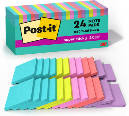 Post-it Super Sticky Notes, 3 x 3 in, Supernova Neons, 24 Pads