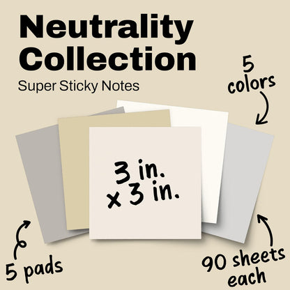 Post-it Super Sticky Notes, 3 x 3 in, Neutrality, 5 Pads, 90 Sheets/Pad