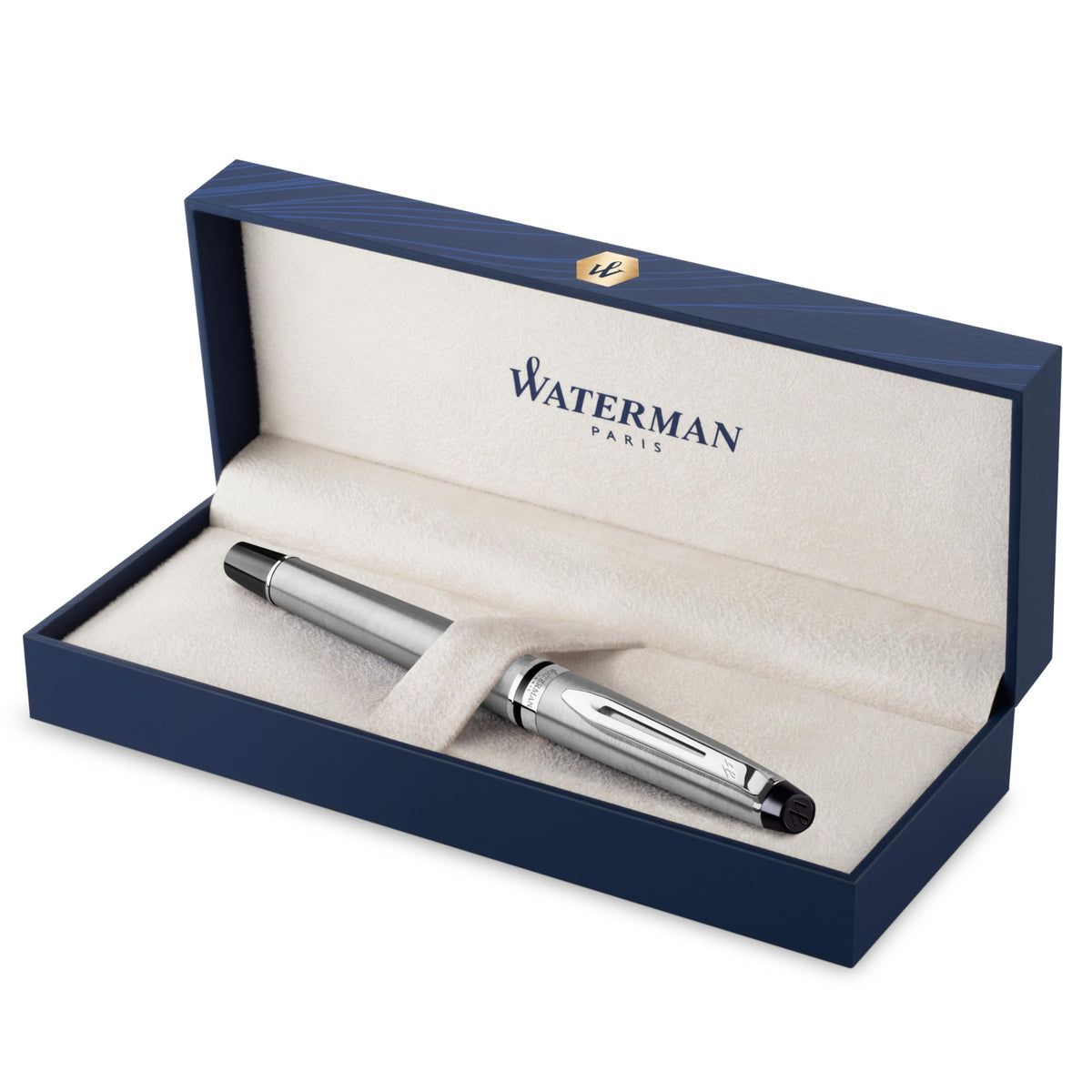 Waterman Expert Fountain Pen, Stainless Steel With 23k Gold Trim, Medium Nib With Blue Ink Cartridge, Gift Box