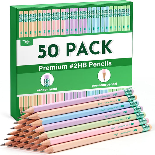 Taja 50 Pack Wood-Cased #2 HB Pencils, Bulk Pre-Sharpened, Macaron