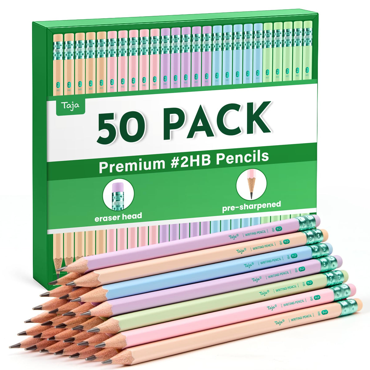 Taja 50 Pack Wood-Cased #2 HB Pencils, Bulk Pre-Sharpened, Macaron
