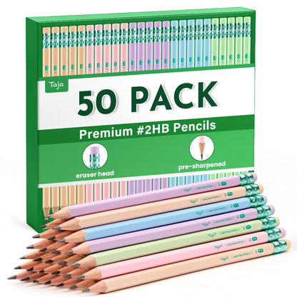 Taja 50 Pack Wood-Cased #2 HB Pencils, Bulk Pre-Sharpened, Macaron