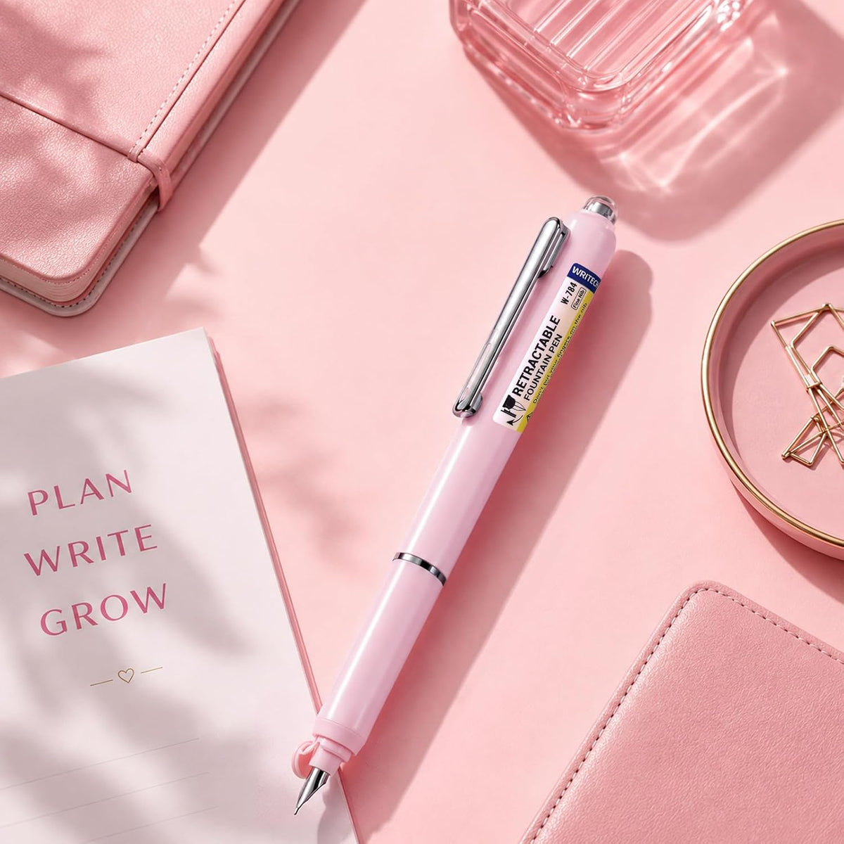 WRITECH Retractable Fountain Pen Set: Black Ink Fine Nib, 5 Refillable Ink Cartridges Included, No Leaking Smooth Writing for Calligraphy Journaling Gift (Pink)