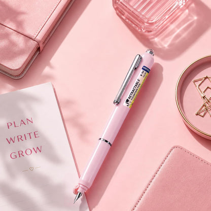 WRITECH Retractable Fountain Pen Set: Black Ink Fine Nib, 5 Refillable Ink Cartridges Included, No Leaking Smooth Writing for Calligraphy Journaling Gift (Pink)