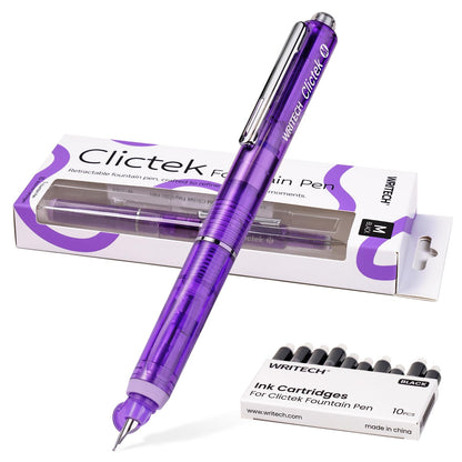WRITECH Clictek Fountain Pen Retractable: Medium Nib Blue Ink Transparent Barrel Includes 5 Refillable Ink Cartridges, Smooth Writing No Leaking
