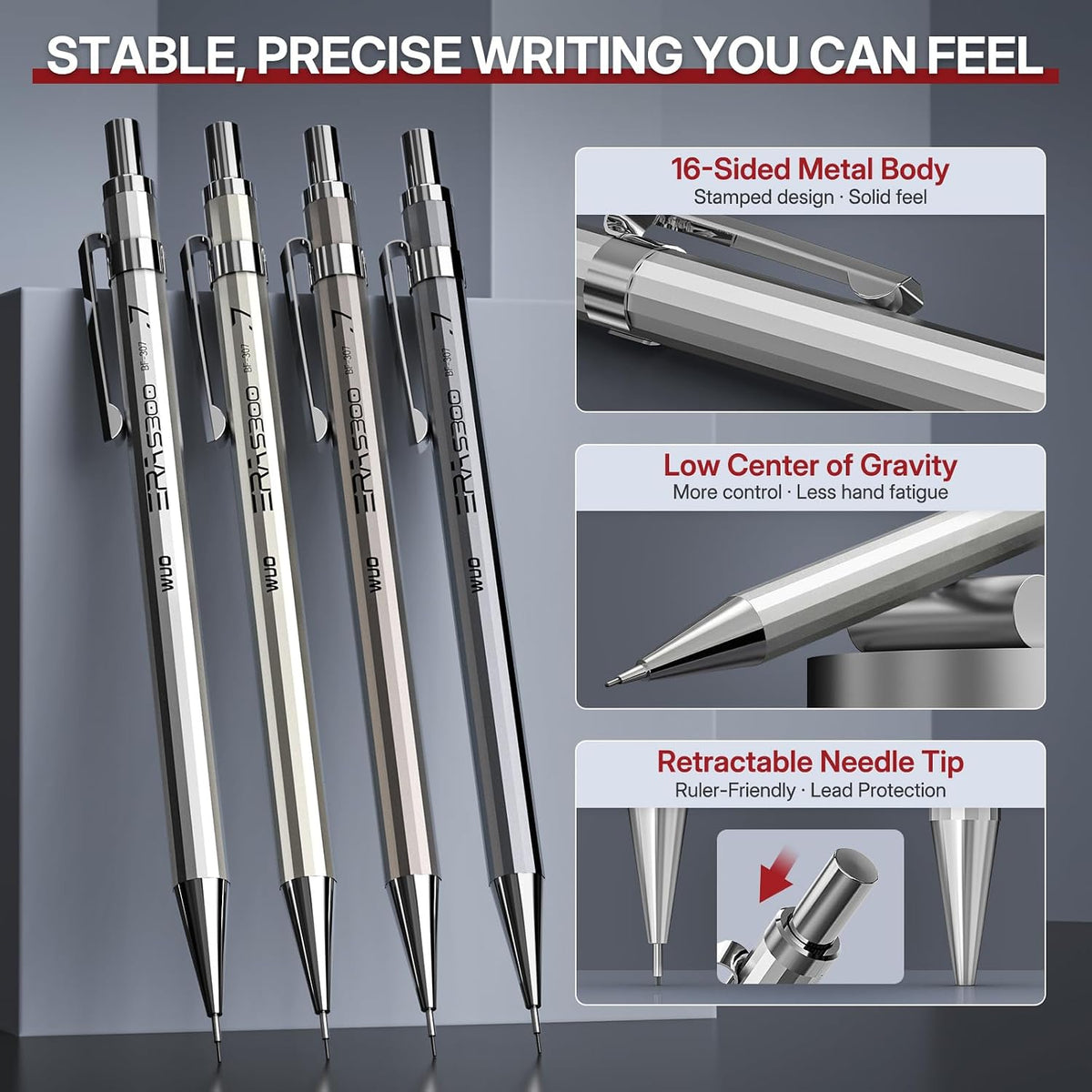 WUO 0.7mm Metal Mechanical Pencil Set, 4-Pack with Eraser Pen and Case