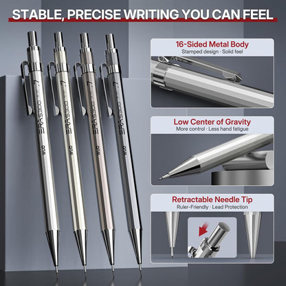 WUO 0.7mm Metal Mechanical Pencil Set, 4-Pack with Eraser Pen and Case