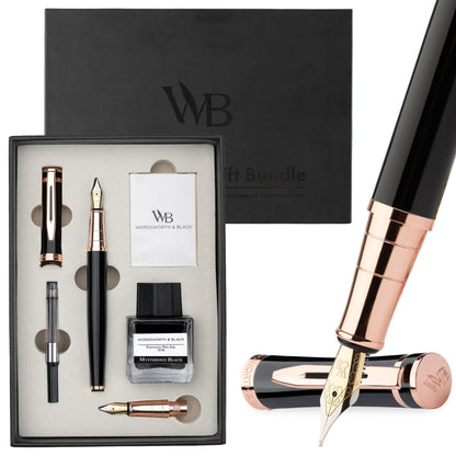 Wordsworth & Black Fountain Pen Gift Set, Medium & Extra Fine Nib, Black