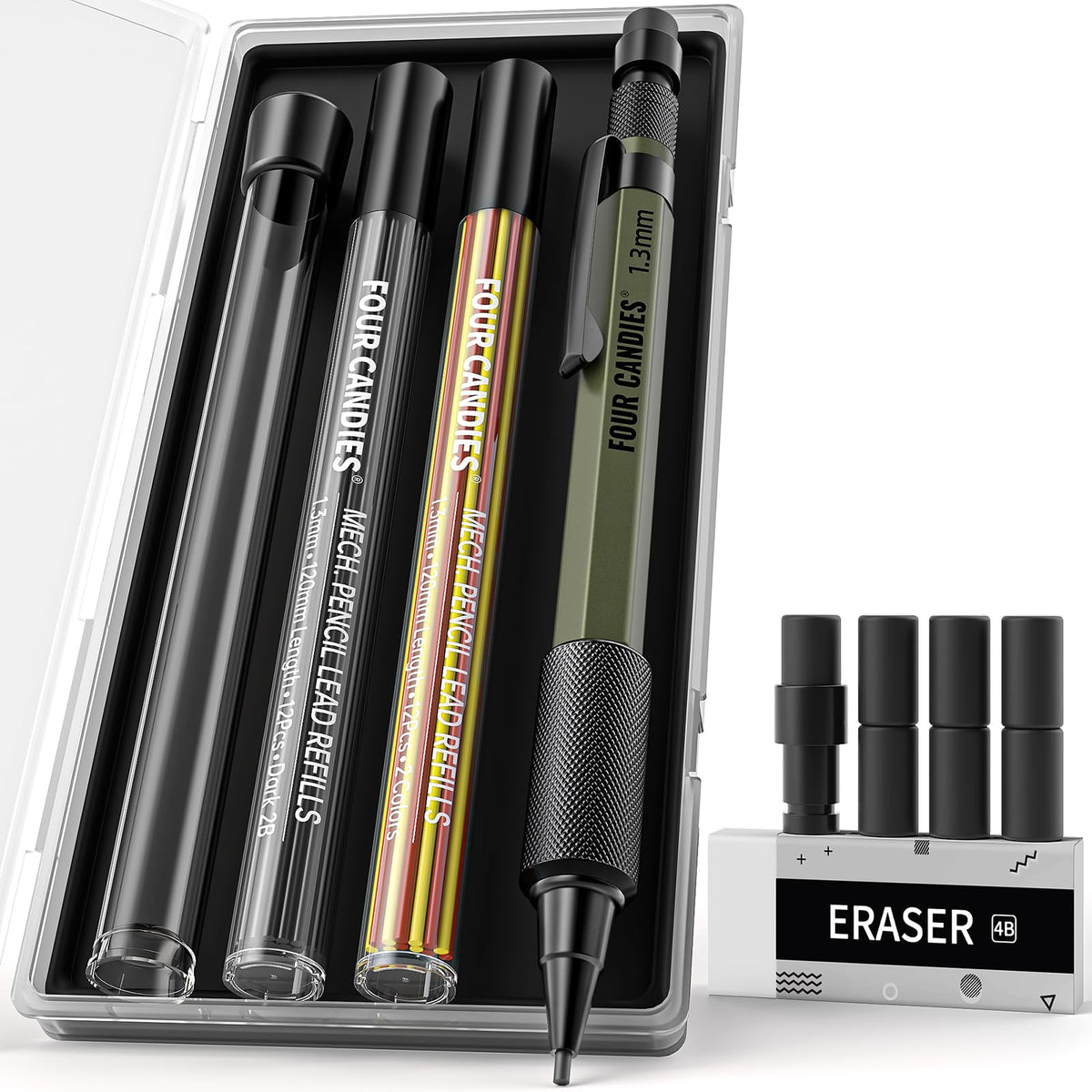 Four Candies 1.3mm Metal Mechanical Pencil Set with 72 Lead Refills, 3-Pack