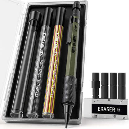 Four Candies 1.3mm Metal Mechanical Pencil Set with 72 Lead Refills, 3-Pack