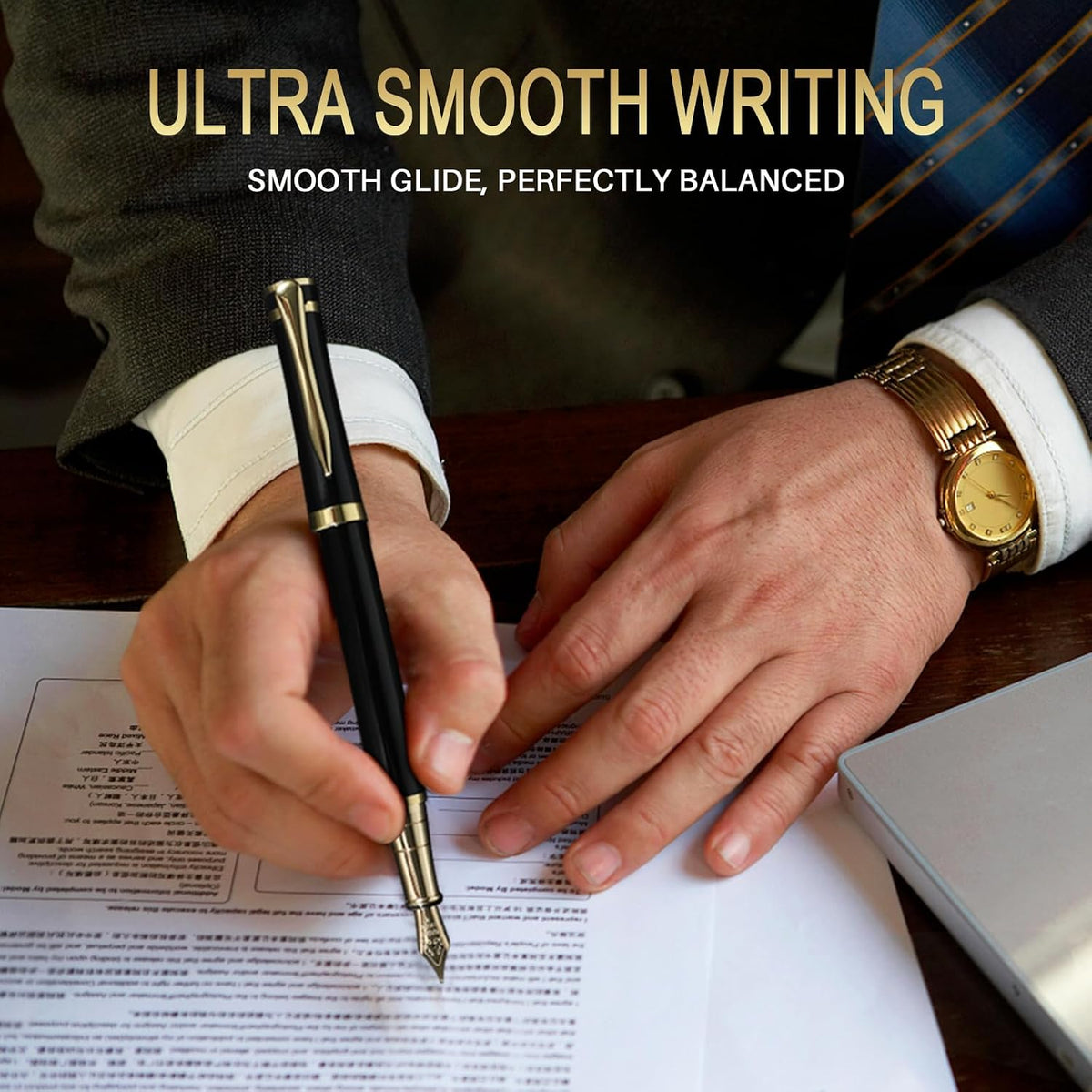 Smooth Writing Fountain Pen, 10 Ink Cartridges, Fine Nib, Black