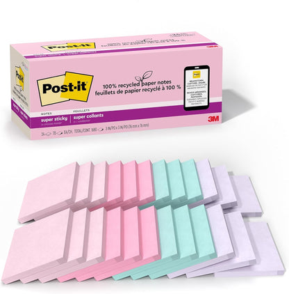Post-it 100% Recycled Super Sticky Notes, 4 x 6 in, Pastels, 4 Pads
