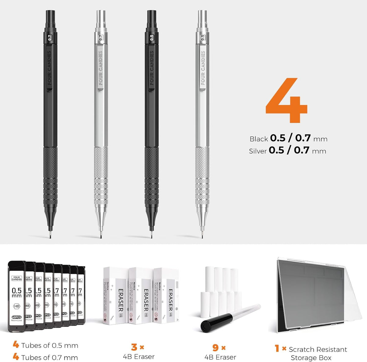 4PCS Metal Mechanical Pencil Set, 0.5mm+0.7mm, Storage Case, Black＆Silver