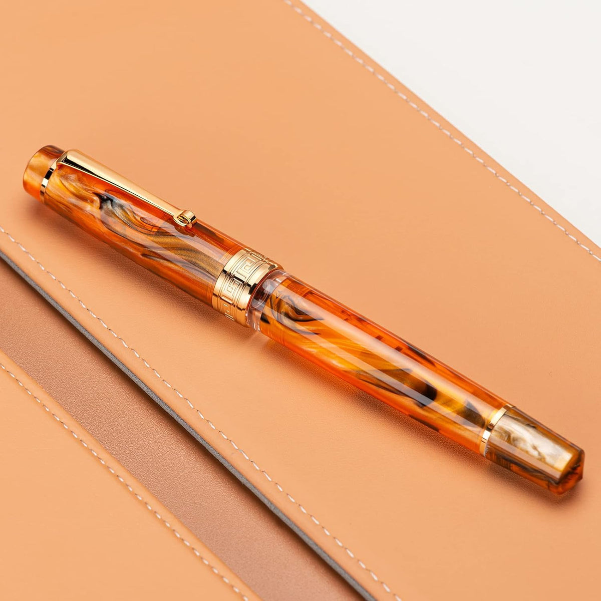 Asvine P20 Piston Fountain Pen Amber Resin, Iridium Extra Fine Nib Gold Trim Smooth Writer Collection with Case Set
