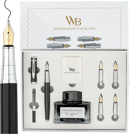 Wordsworth & Black Luxury Fountain Pen Set for Writing, 6 Nibs,Black Chrome