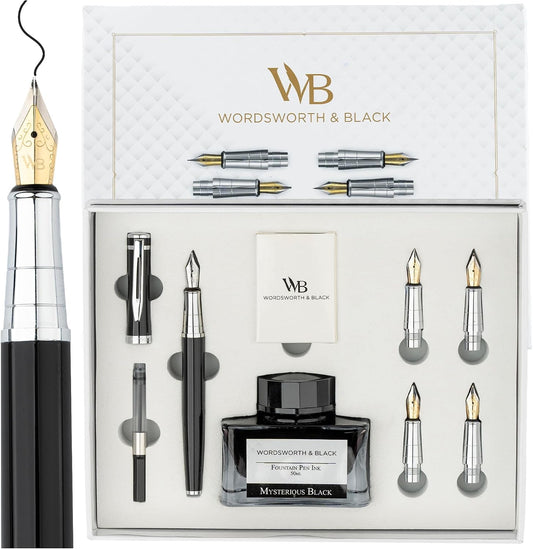 Wordsworth & Black Luxury Fountain Pen Set for Writing, 6 Nibs,Black Chrome
