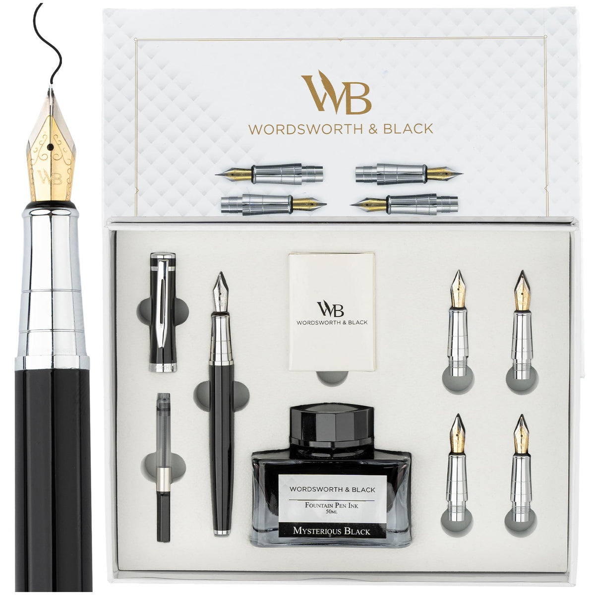 Wordsworth & Black Luxury Fountain Pen Set for Writing, 6 Nibs,Black Chrome