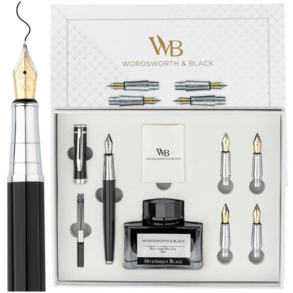Wordsworth & Black Luxury Fountain Pen Set for Writing, 6 Nibs,Black Chrome