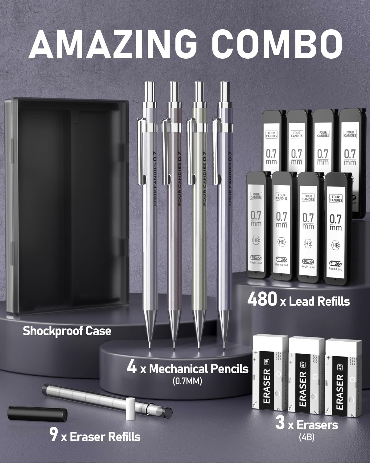 Mechanical Pencil Set, 0.7mm 4-Pack with Case, Metal Body, Medium Point