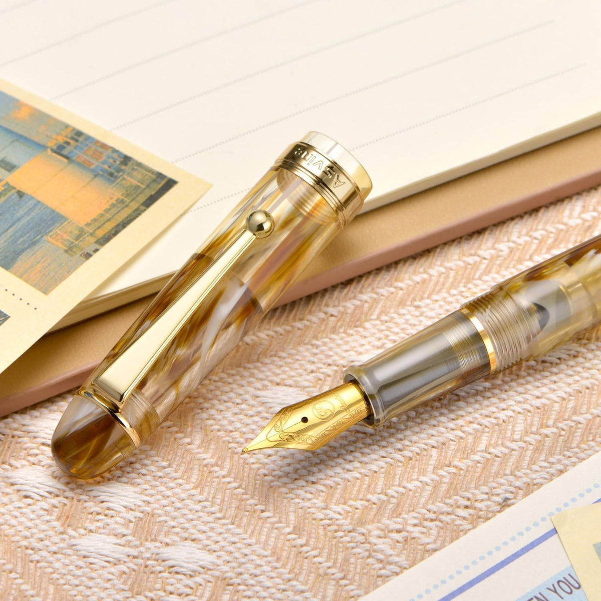 Asvine V126 Vacuum Filling Fountain Pen Fine Point, Brown Swirl Transparent Acrylic Pen Gift Case