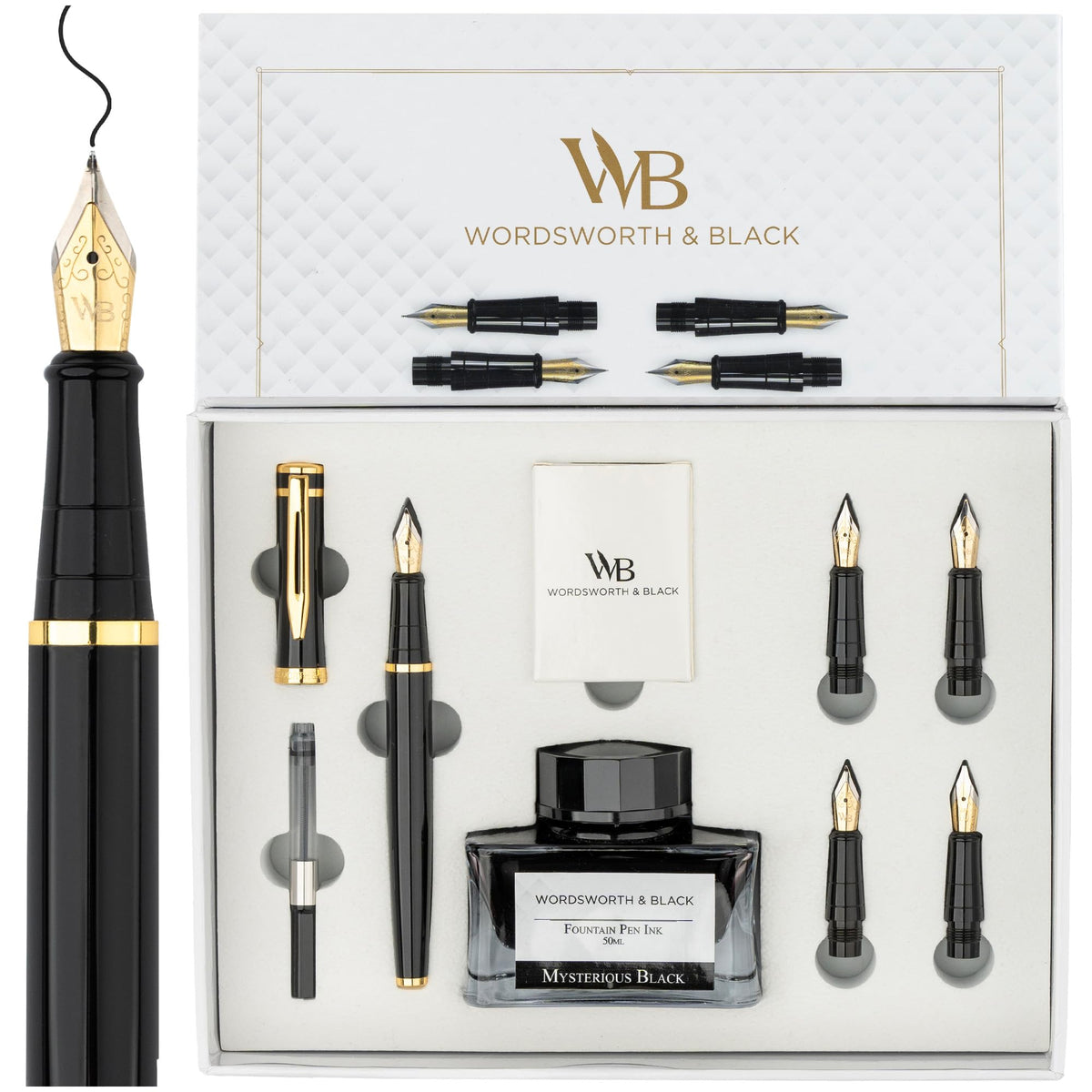 Wordsworth & Black Luxury Fountain Pen Set for Writing, 6 Nibs,Black Chrome