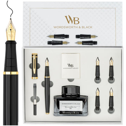 Wordsworth & Black Luxury Fountain Pen Set for Writing, 6 Nibs,Black Chrome