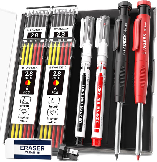 STAGEEK 2.8mm Carpenter Pencils with Sharpener, 2-Pack, Storage Case