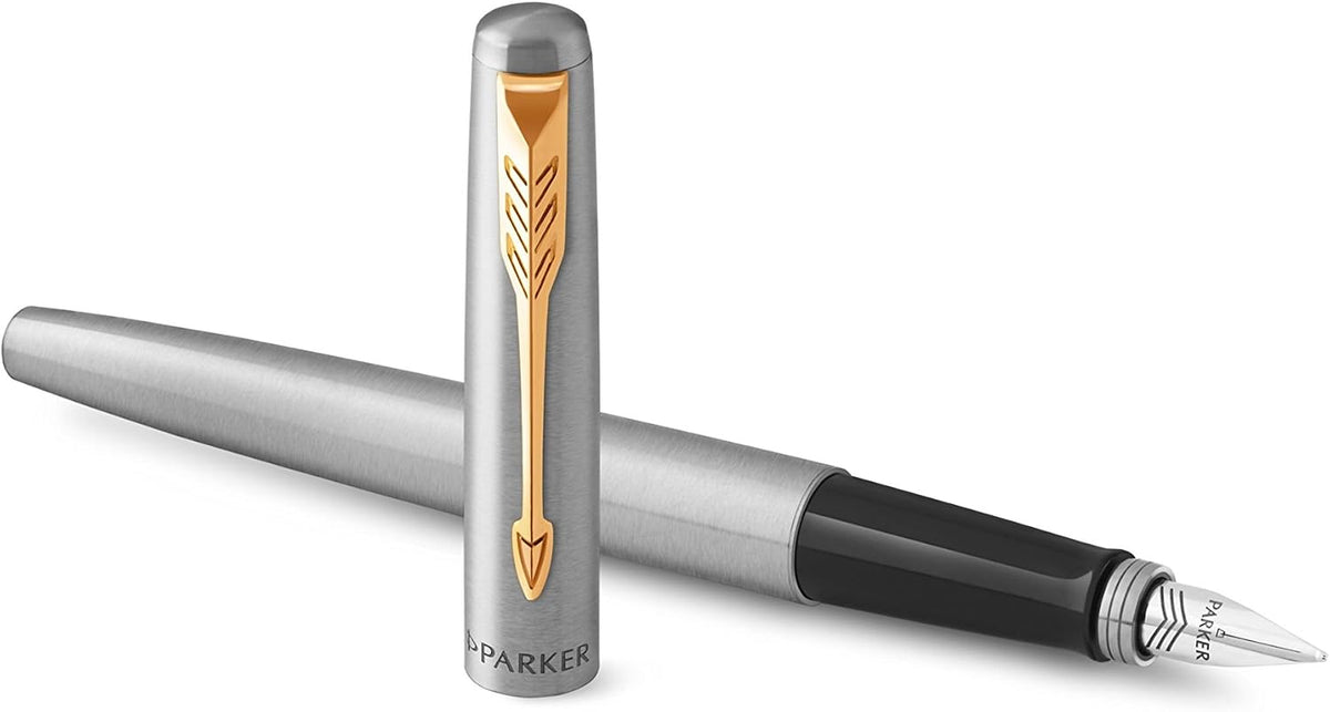 Parker Jotter Fountain Pen, Stainless Steel with Gold Trim, Medium Nib, Blue Ink & Gift Box