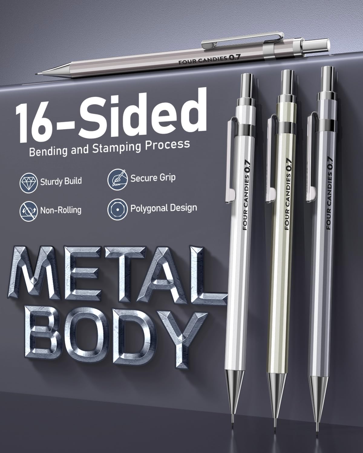 Mechanical Pencil Set, 0.7mm 4-Pack with Case, Metal Body, Medium Point